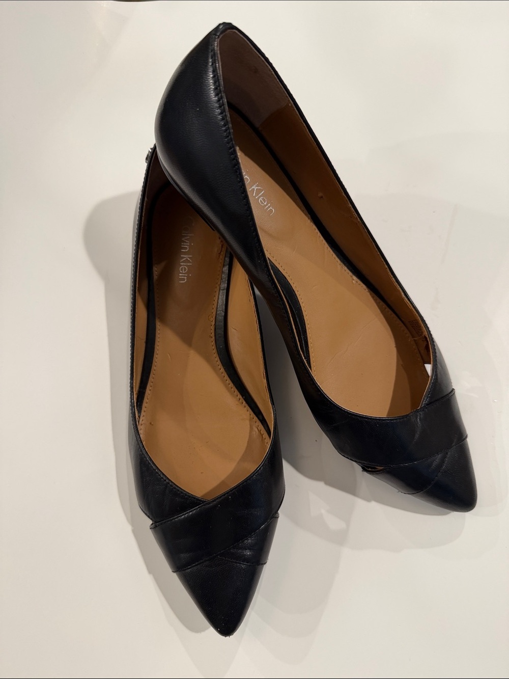 Calvin Klein Black Pointed Leather Ballet Flats